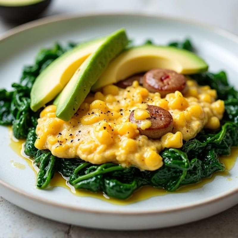 Egg White Scramble with Chicken Sausage, Sautéed Spinach & Avocado