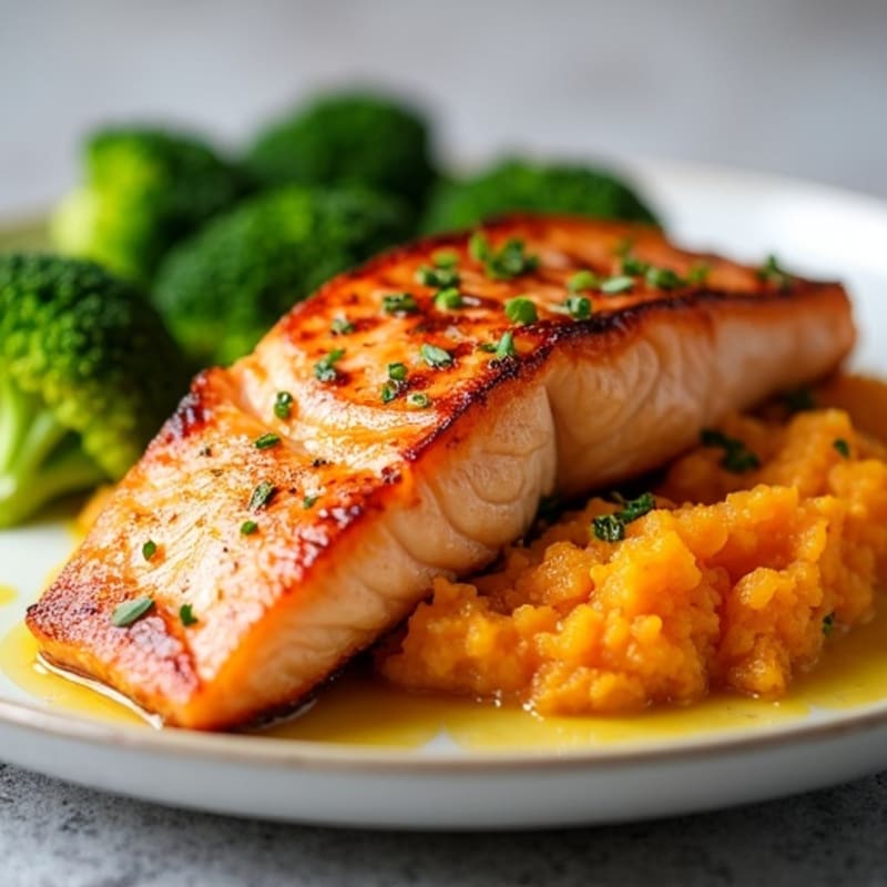 Seared Salmon with Garlic Mashed Sweet Potatoes and Steamed Broccoli