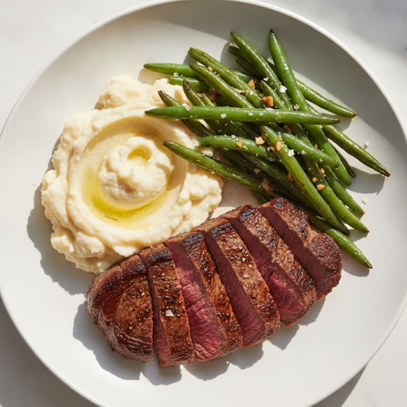 Seared Sirloin Steak with Garlic Green Beans and Mashed Cauliflower