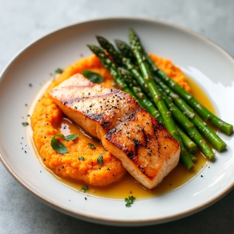 Seared Salmon with Roasted Asparagus and Sweet Potato Mash