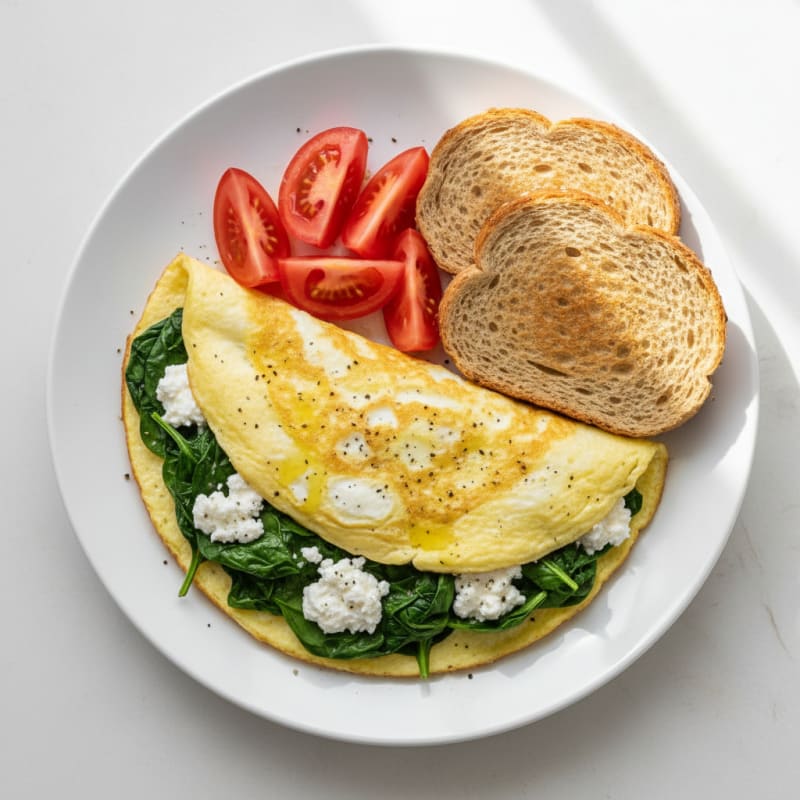 Egg White Spinach Omelette with Cottage Cheese and Sliced Tomatoes