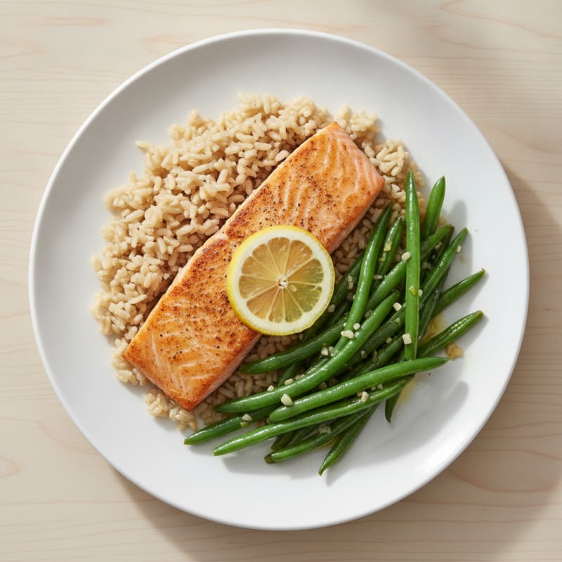 Seared Salmon Filet with Garlic Green Beans and Brown Rice