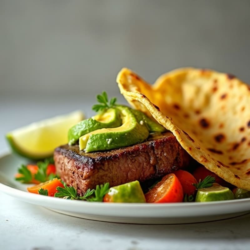 Pan-Seared Sirloin with Creamy Avocado and Crispy Corn Tortillas