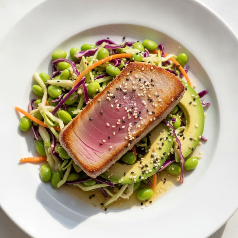 Seared Tuna Steak with Crunchy Cabbage Slaw