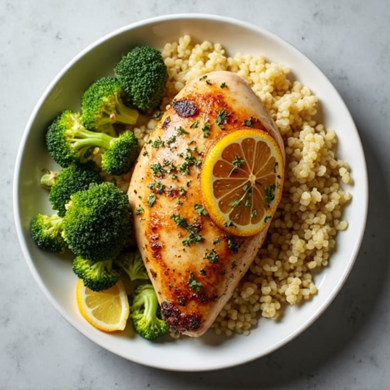 Lemon Herb Roasted Chicken with Crispy Roasted Broccoli and Fluffy Quinoa