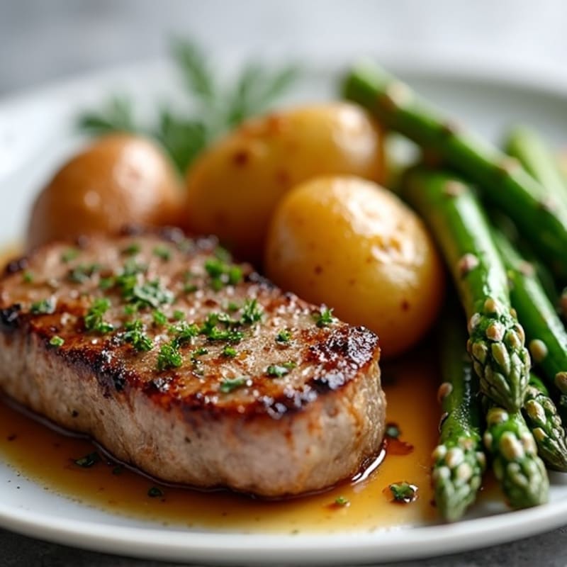 Garlic Butter Pan-Seared Steak with Crispy Roasted Potatoes and Tender Asparagus