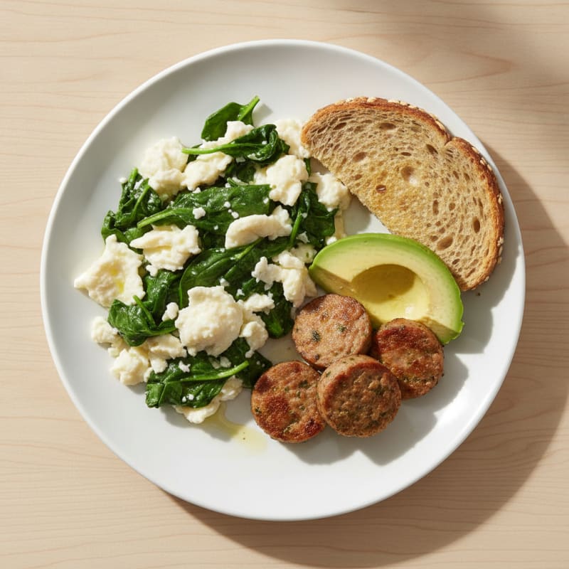 Egg White Spinach Scramble with Grilled Turkey Sausage