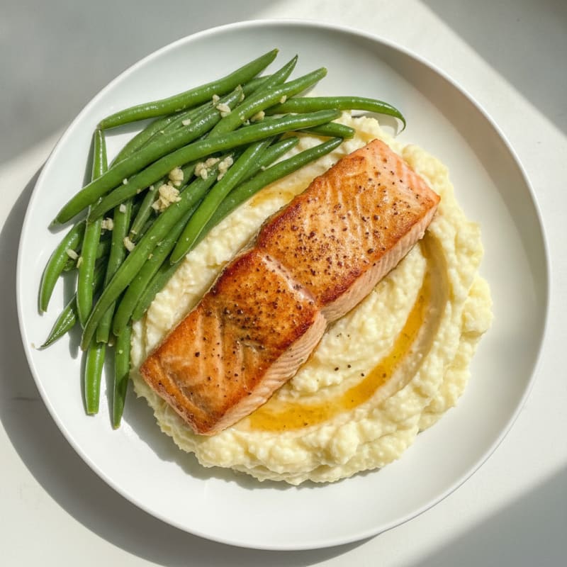 Seared Salmon with Garlic Green Beans and Cauliflower Mash