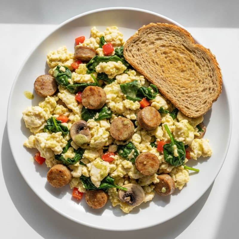 Egg White and Chicken Sausage Scramble with Spinach