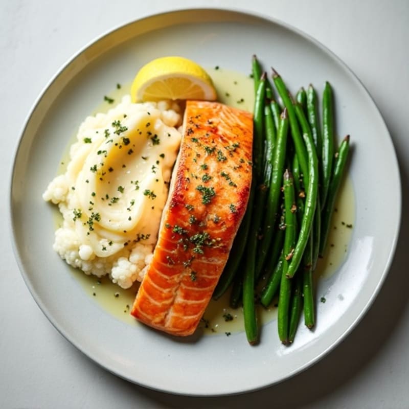 Seared Salmon with Garlic Green Beans and Roasted Cauliflower Mash