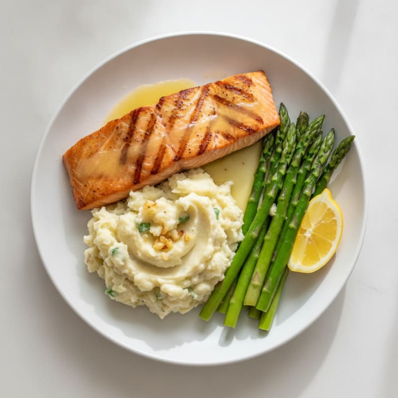 Seared Salmon with Steamed Asparagus and Garlic Mashed Potatoes