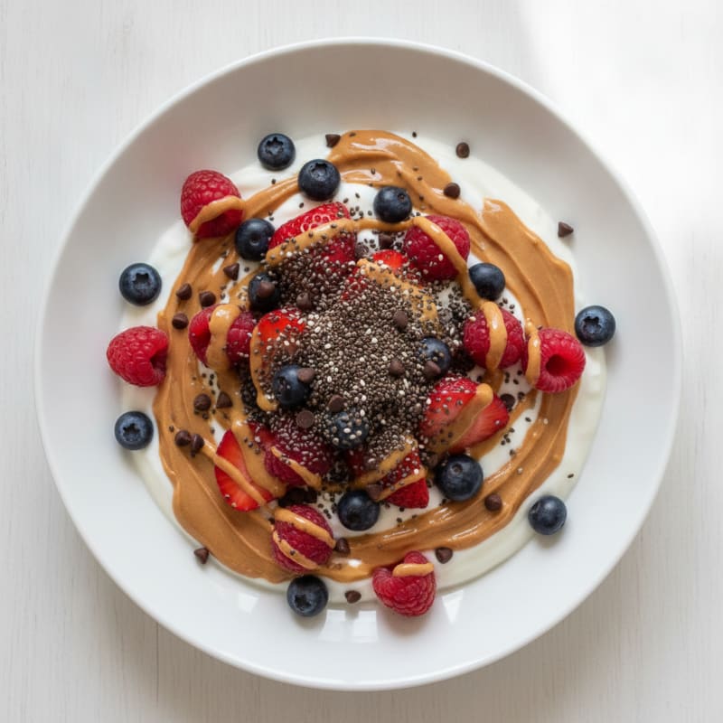 Peanut Butter Greek Yogurt Parfait with Mixed Berries and Chia Seeds