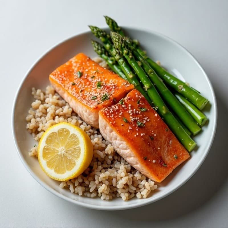 Seared Salmon Fillet with Steamed Asparagus and Brown Rice