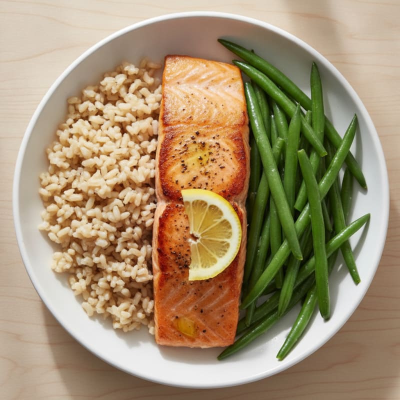 Seared Salmon Fillet with Steamed Green Beans and Brown Rice