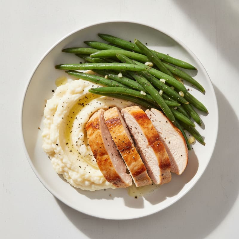 Seared Turkey Breast with Steamed Green Beans and Cauliflower Mash
