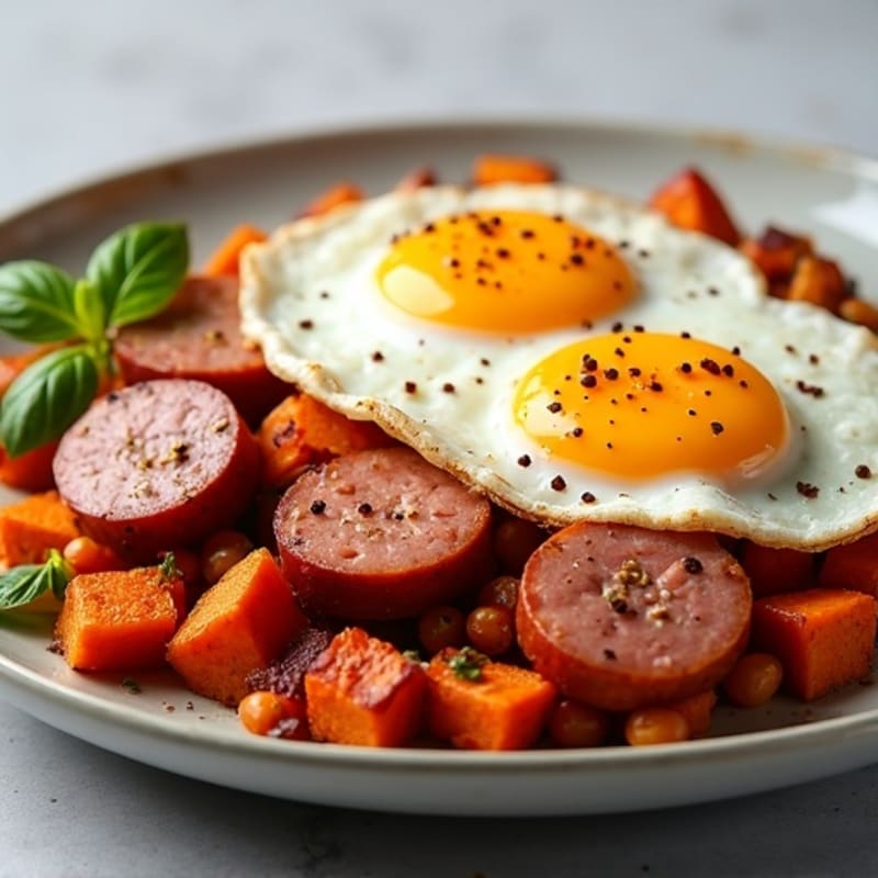 Lean Turkey Sausage and Crispy Sweet Potato Hash with Fried Eggs