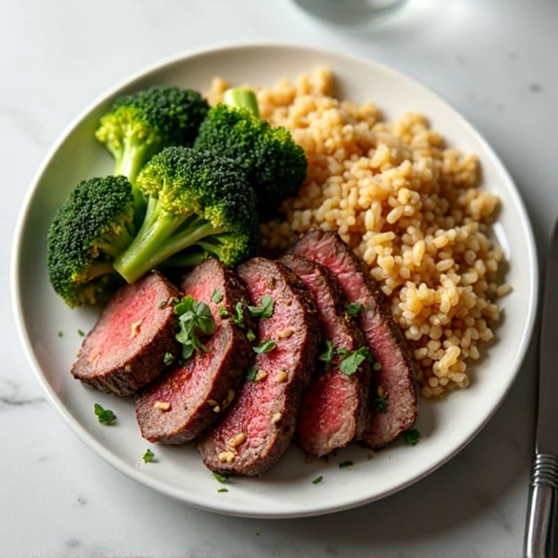 Garlic Ginger Seared Beef with Crispy Broccoli and Brown Rice