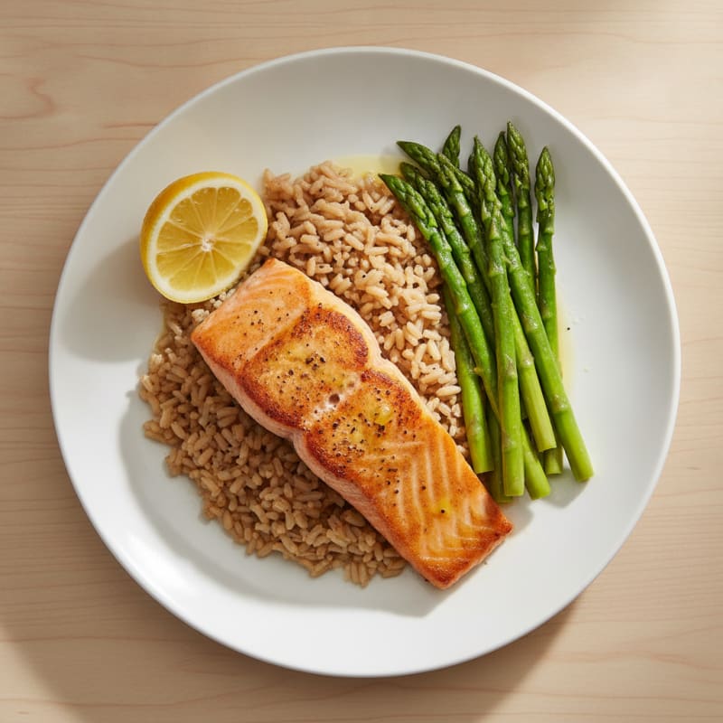 Seared Salmon Fillet with Steamed Asparagus and Brown Rice