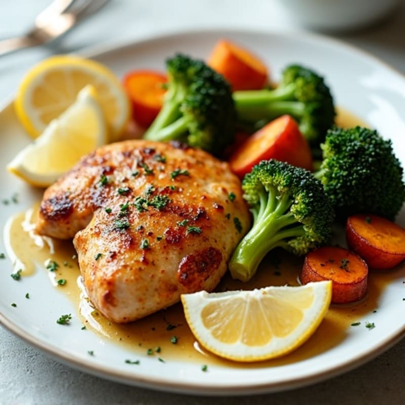 Lemon-Garlic Roasted Chicken with Crispy Sweet Potatoes and Broccoli