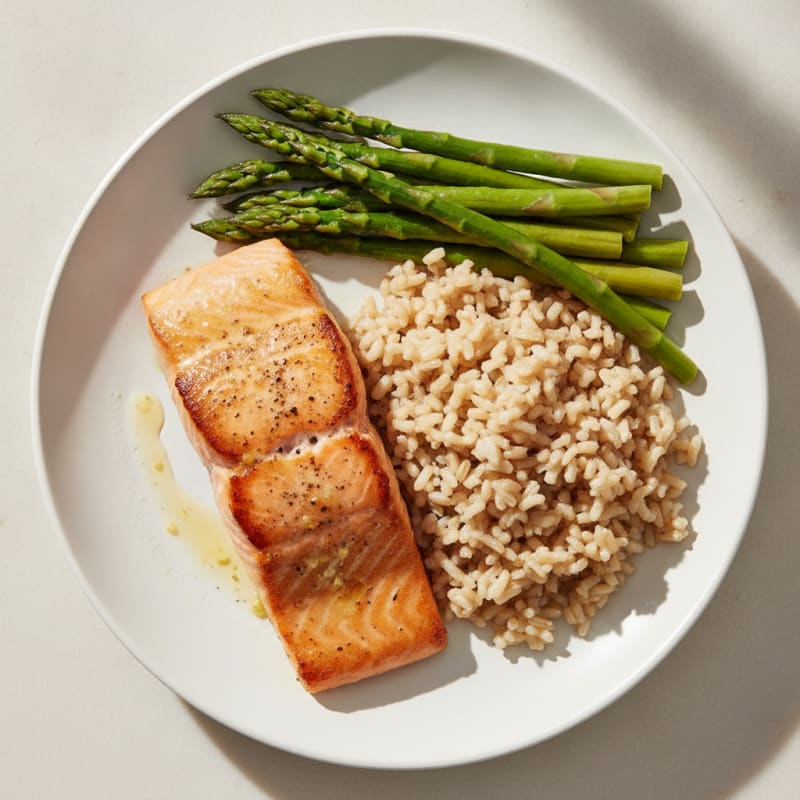 Seared Salmon with Steamed Asparagus and Brown Rice