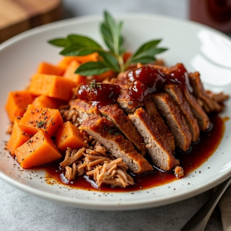 Lean Slow Cooked BBQ Pulled Pork with Roasted Sweet Potatoes