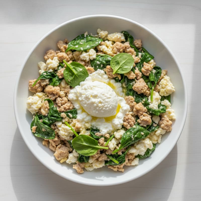 Egg White and Turkey Spinach Scramble with Cottage Cheese
