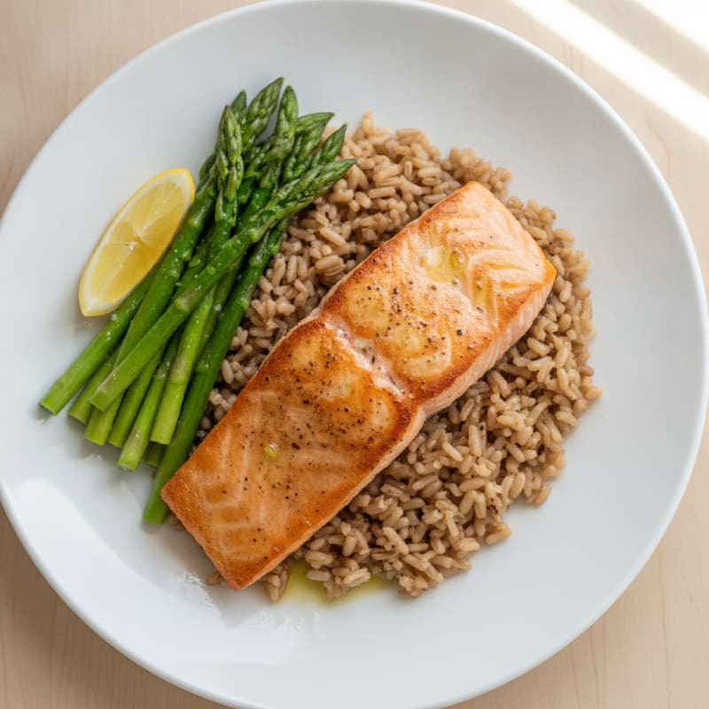 Seared Salmon Fillet with Steamed Asparagus and Brown Rice
