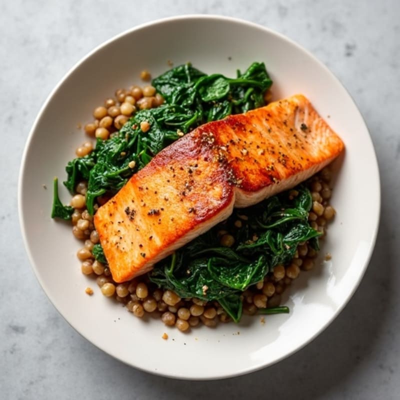 Seared Salmon Fillet with Garlic Spinach and Lentils