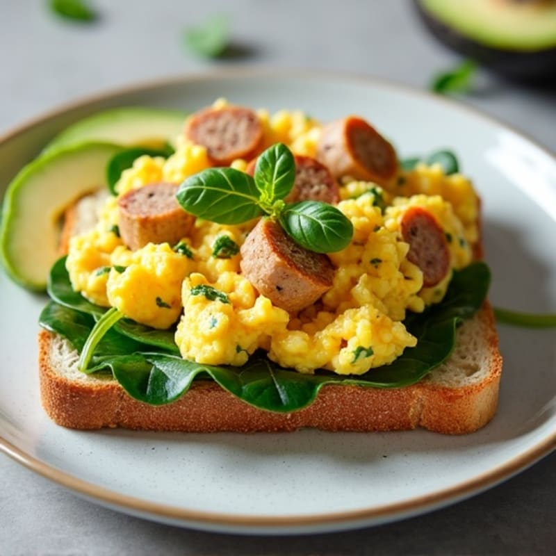 Egg White Scramble with Spinach and Turkey Sausage on Toast with Avocado