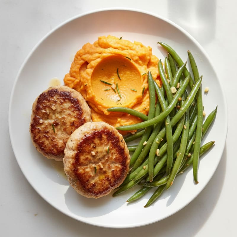 Seared Turkey Patties with Garlic Green Beans and Sweet Potato Mash