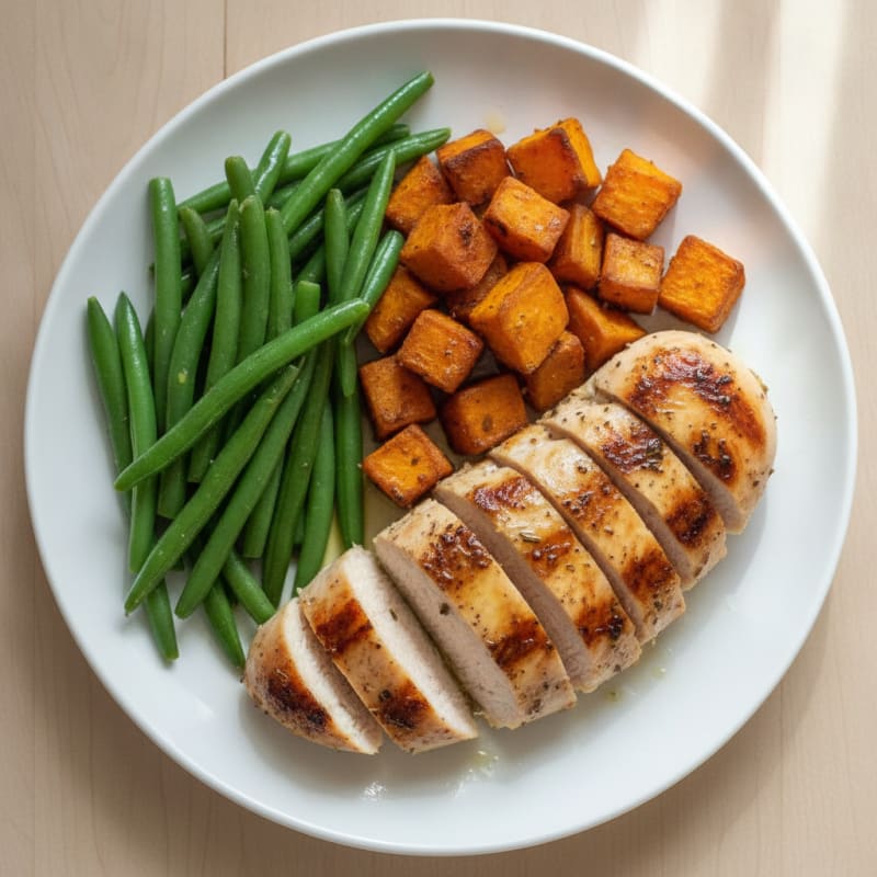 Grilled Chicken Breast with Steamed Green Beans and Roasted Sweet Potato