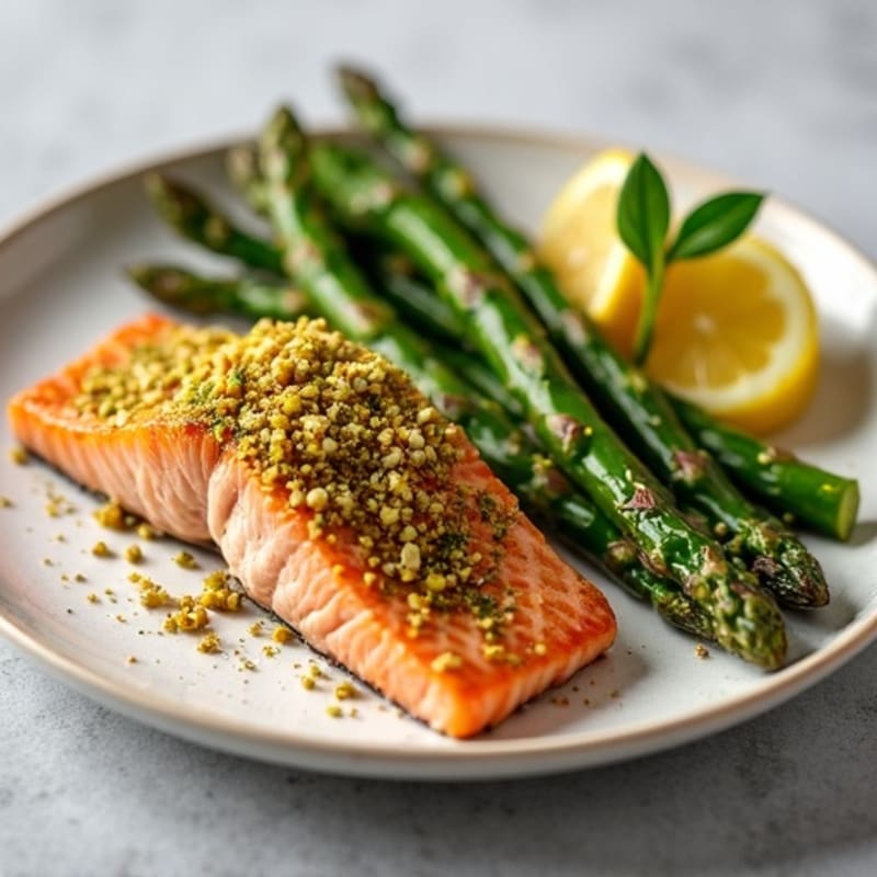 Crispy Pistachio-Crusted Salmon with Lemon-Herb Roasted Asparagus
