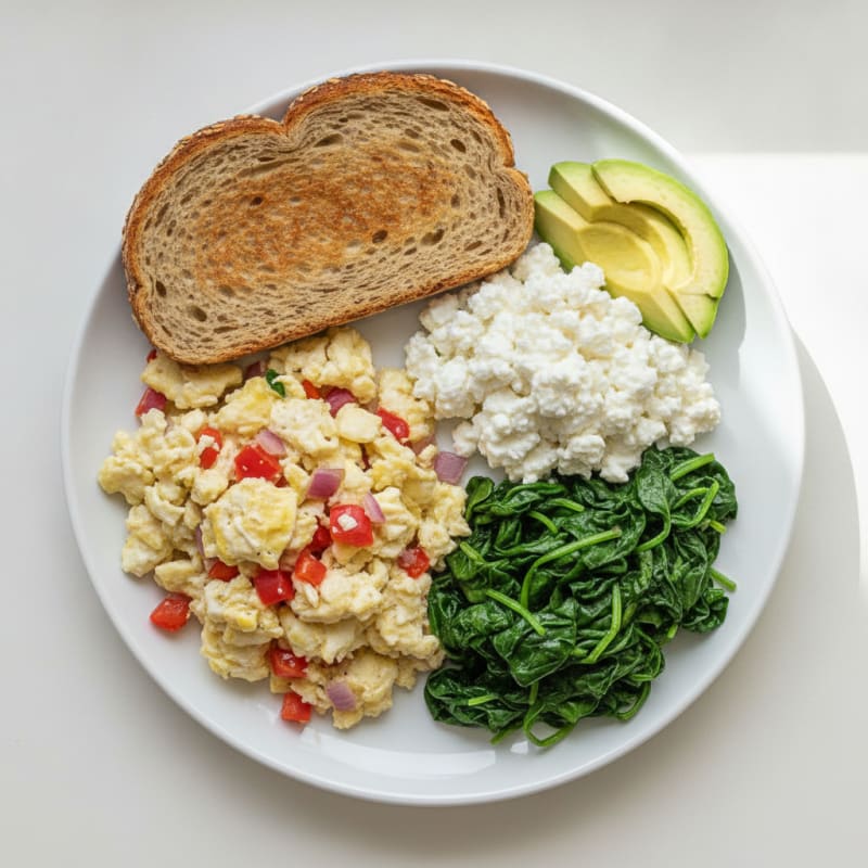 Egg White Veggie Scramble with Cottage Cheese and Sautéed Spinach