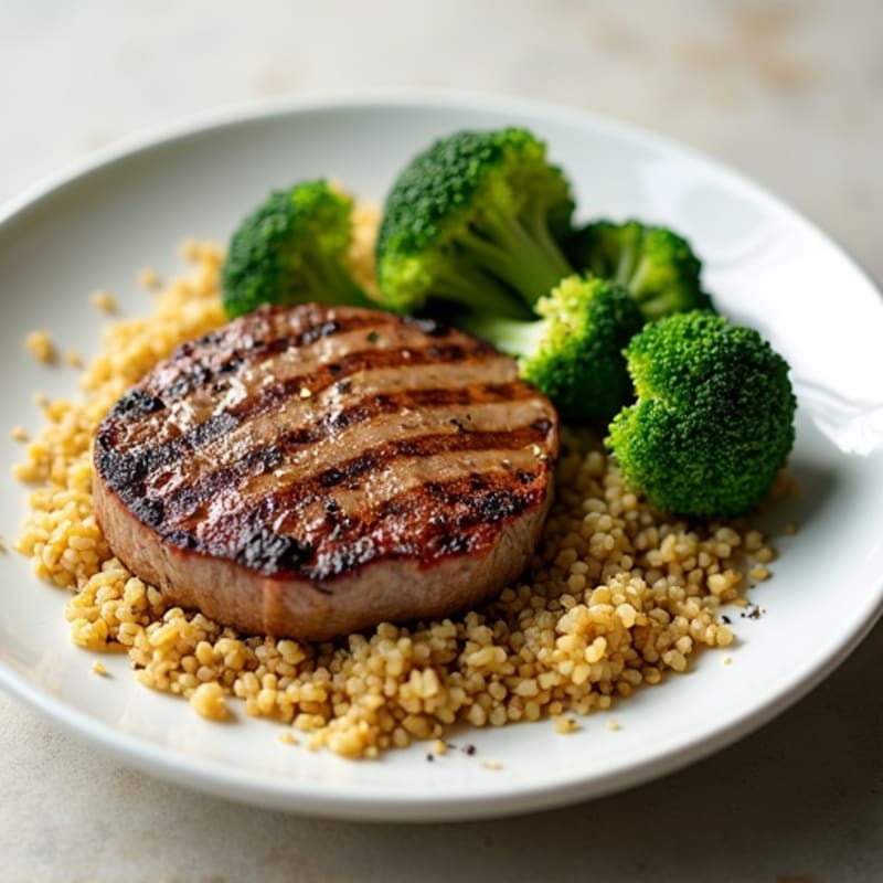 Grilled Beef Steak with Roasted Broccoli and Quinoa