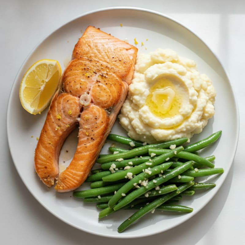 Seared Salmon with Garlic Green Beans and Mashed Cauliflower