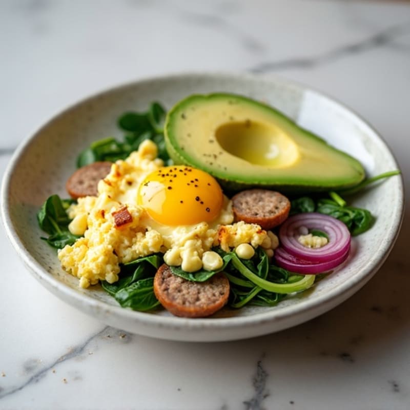 Egg White and Spinach Scramble with Turkey Sausage and Avocado