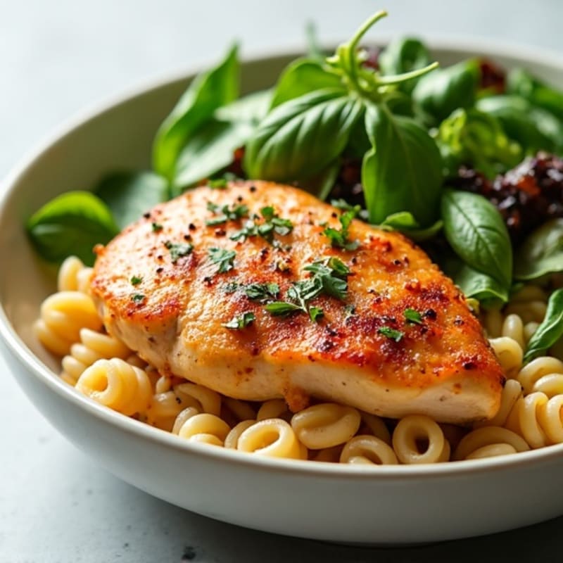 Spicy Garlic Herb Chicken with Creamy Pasta and Fresh Greens