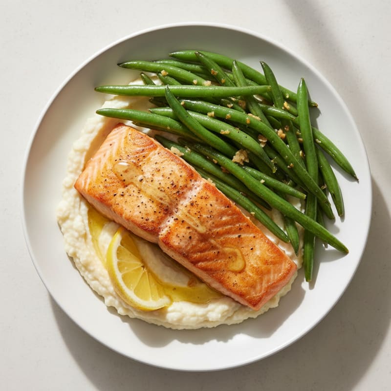 Seared Salmon with Garlic Green Beans and Cauliflower Mash