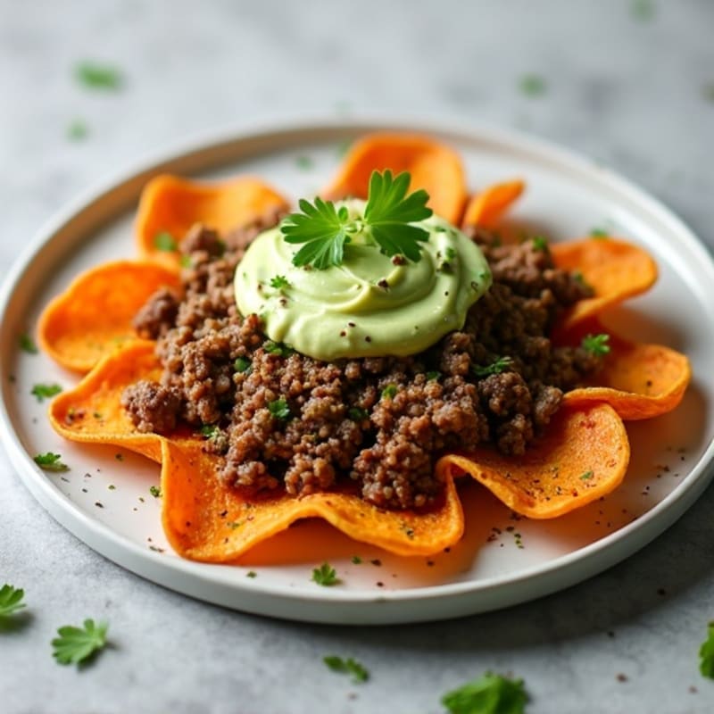 Crispy Sweet Potato Nachos with Lean Ground Beef and Zesty Avocado Cream