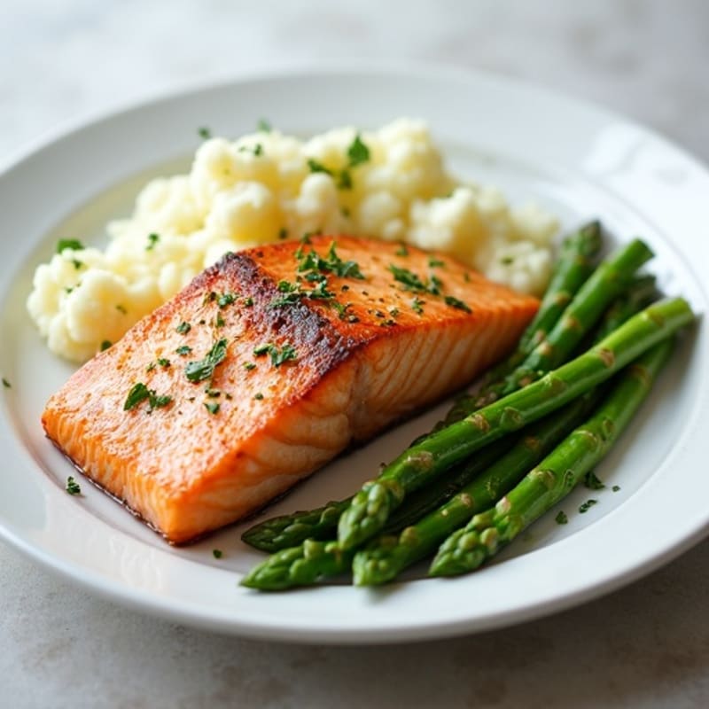 Seared Salmon with Steamed Asparagus and Garlic Mashed Cauliflower