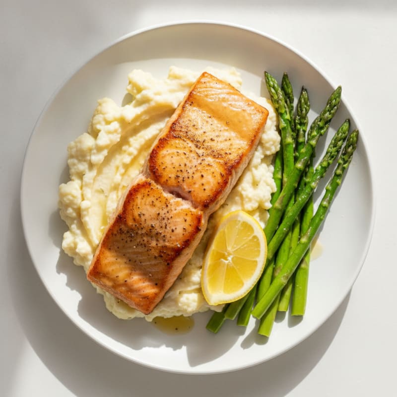 Seared Salmon with Asparagus and Garlic Mashed Cauliflower