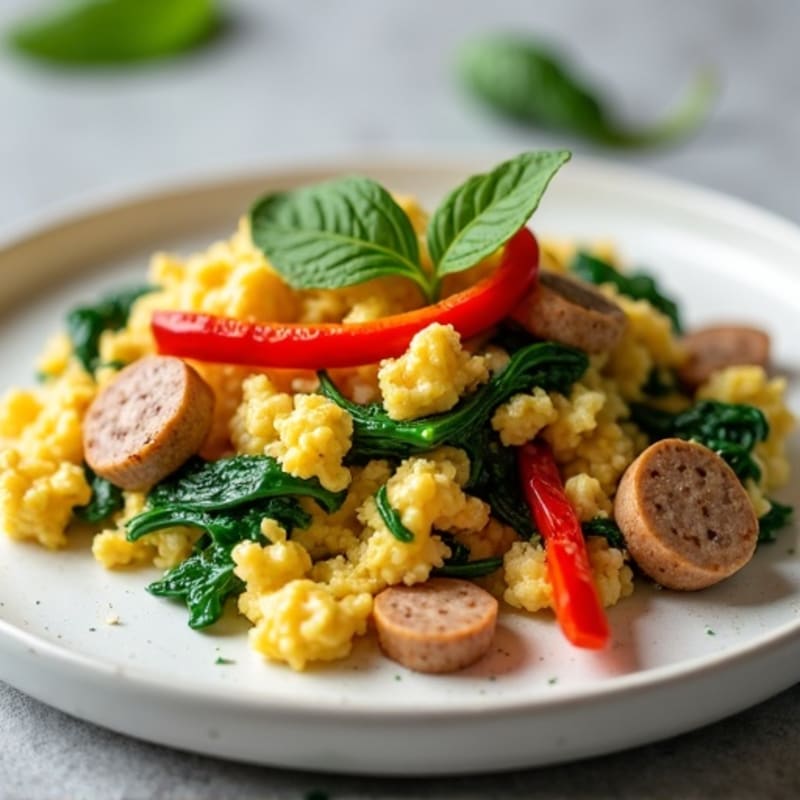 Egg White Spinach Scramble with Turkey Sausage and Sautéed Peppers