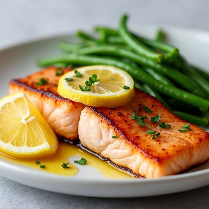 Seared Salmon Fillet with Steamed Green Beans and Lemon