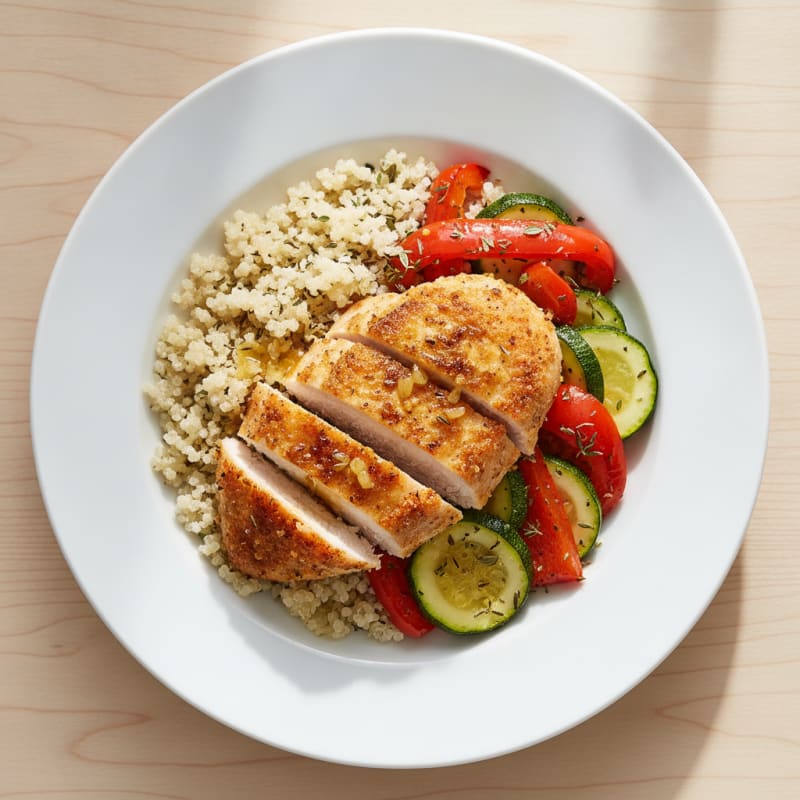 Seared Chicken Breast with Herb-Roasted Vegetables and Quinoa