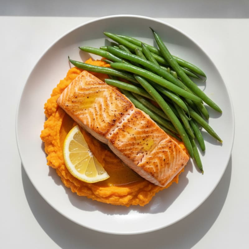 Seared Salmon with Steamed Green Beans and Sweet Potato Mash