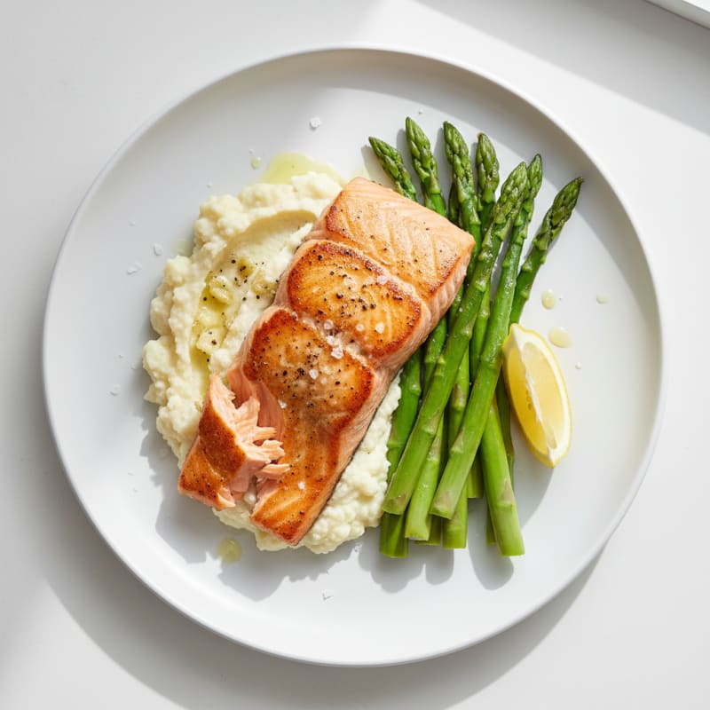 Seared Salmon with Steamed Asparagus and Cauliflower Mash