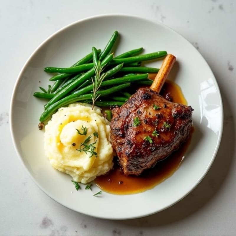 Herb-Roasted Lamb with Creamy Garlic Mashed Potatoes and Crispy Green Beans