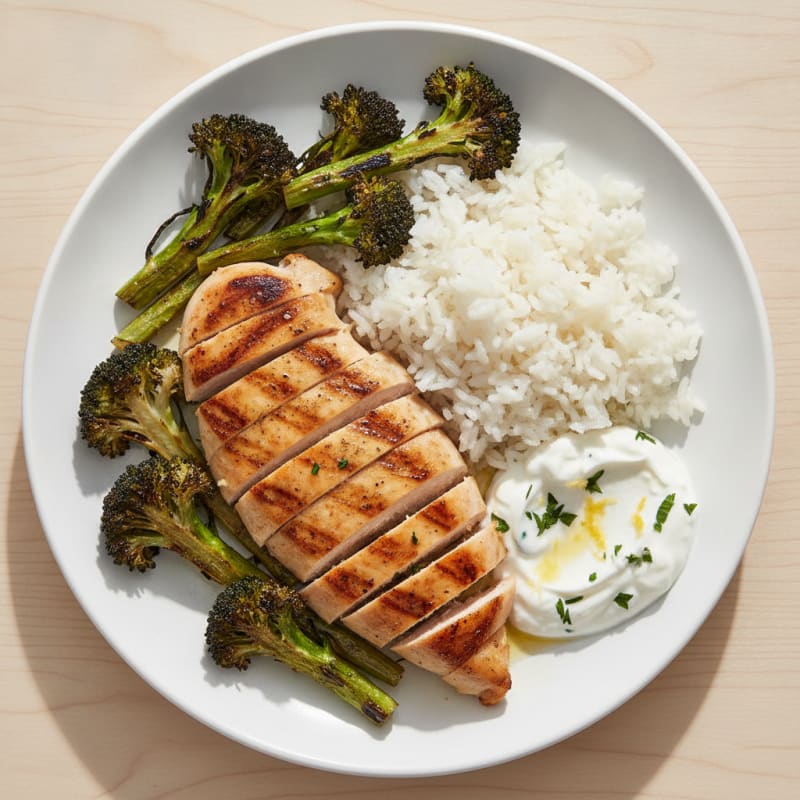 Grilled Chicken Breast with Steamed Rice and Roasted Broccoli
