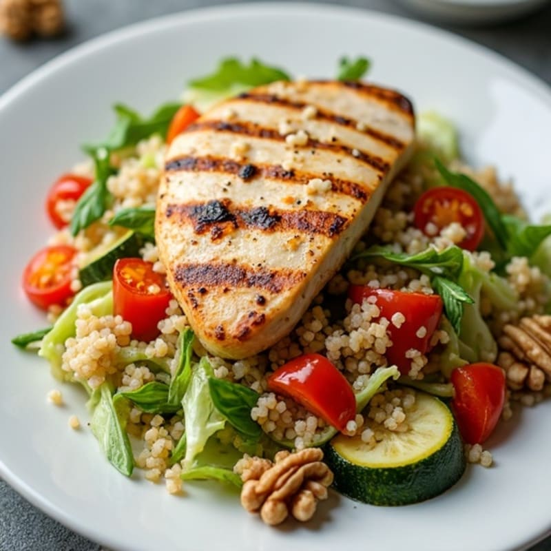 Grilled Chicken and Quinoa Salad with Shredded Cabbage and Roasted Vegetables