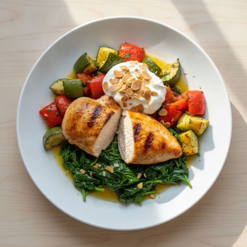 Seared Chicken Breast with Roasted Vegetables and Garlic Spinach